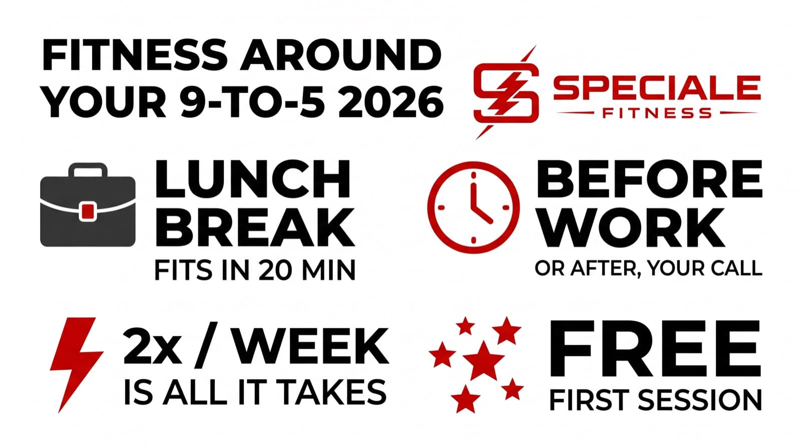 How to Fit Fitness Around a 9-to-5 in 2026 — Speciale Fitness infographic