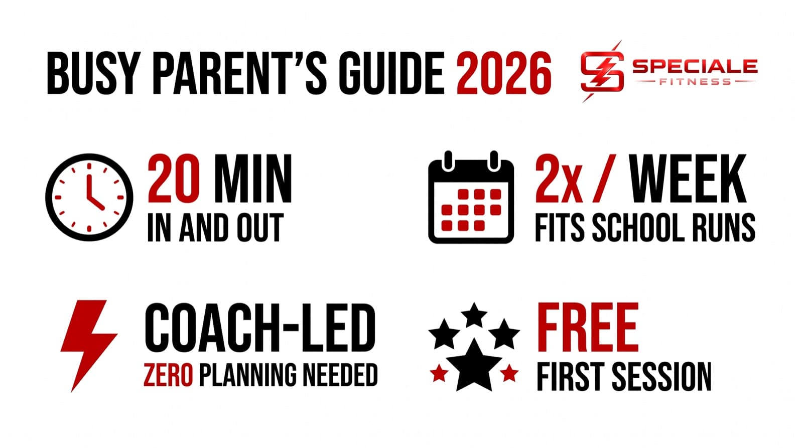 The Busy Parent's Guide to Getting Fit in 2026 — Speciale Fitness infographic